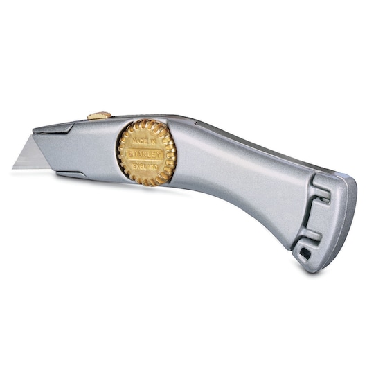 Photo of STANLEY 2-10-122 silver utility knife with gold adjustment wheel, side angle on white background.