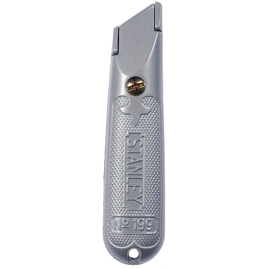STANLEY 2-10-199 silver utility knife, front angle, textured handle, single screw.