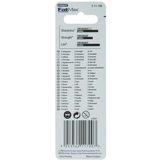 Stanley 2-11-700 FatMax product packaging, rear view with barcode and multi-language info.
