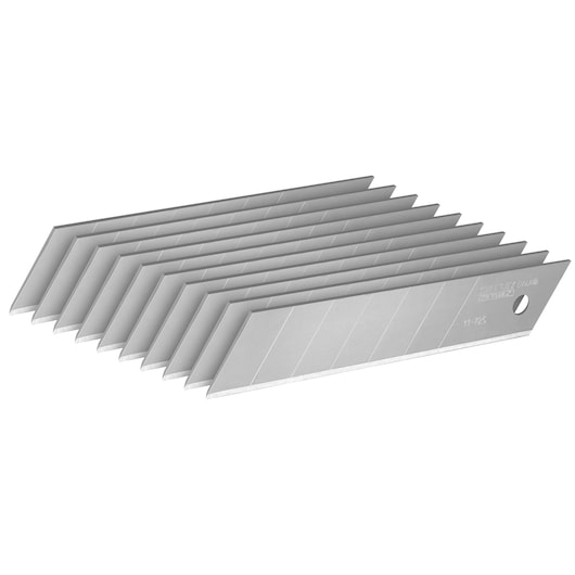 STANLEY 2-11-725 utility knife segmented blades, silver color, angled stack, product photography on white background.