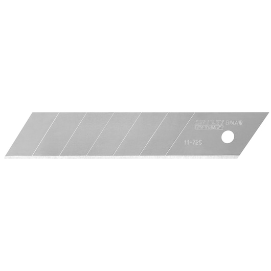 STANLEY 2-11-725 snap-off utility knife blade, silver, single blade, side view on white background.