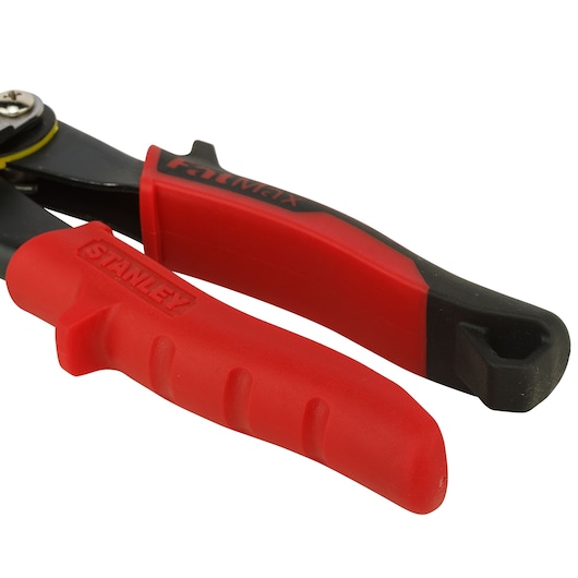 STANLEY 2-14-562 hand tool handle close-up, red and black ergonomic grip, white background.