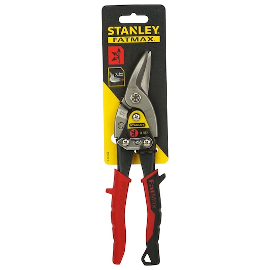 STANLEY 2-14-562 aviation snips with red and black handles, photo on white background packaging, hand tool category.