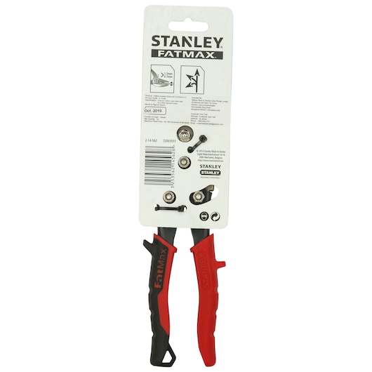 Stanley 2-14-562 FatMax pliers with red and black handles, packaging front view, photography product.