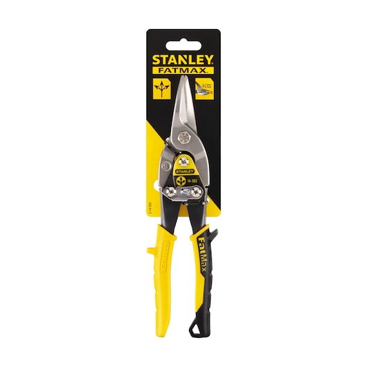 Photo of STANLEY 2-14-563 aviation snips with yellow and black handles, front angle, on packaging.