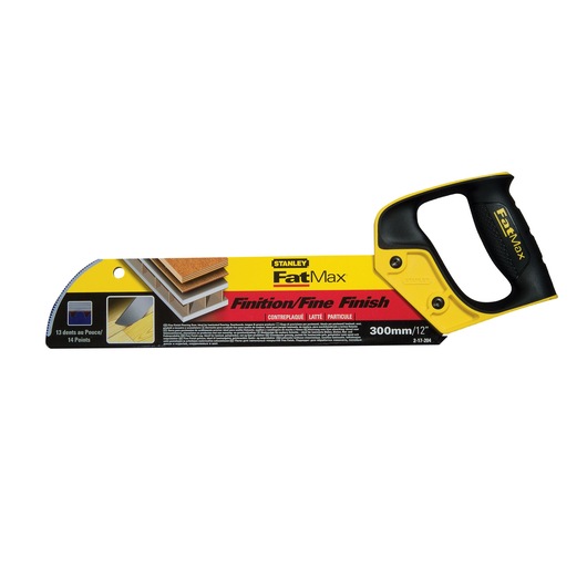 Photo of STANLEY 2-17-204 FatMax fine finish saw, yellow and black handle, 300mm blade, side angle.