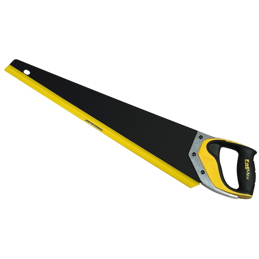 STANLEY 2-20-530 hand saw with yellow and black handle, angled studio view.
