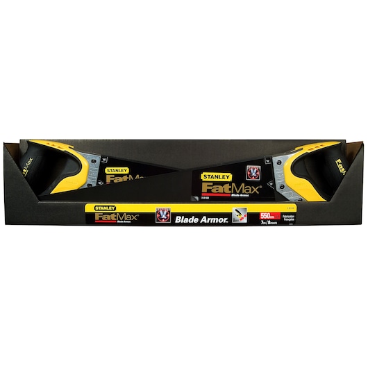 STANLEY 2-20-530 FatMax hand saws in retail box, black and yellow, front angle.