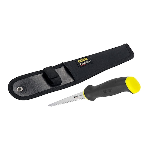 STANLEY 2-20-556 hand saw with black and yellow handle and protective black sheath, product side view.