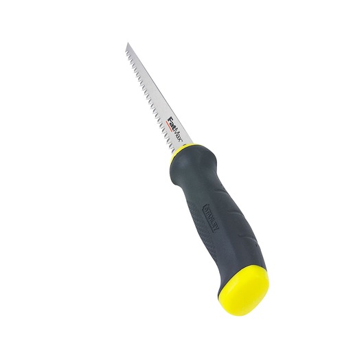 Photo of STANLEY 2-20-556 jab saw with a black and yellow ergonomic handle, angled on white background.