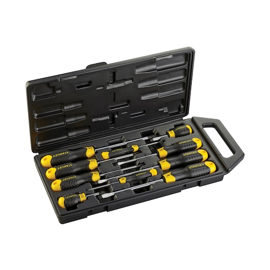 STANLEY 2-65-014 screwdriver set in black case, yellow and black handles, top view on white background.
