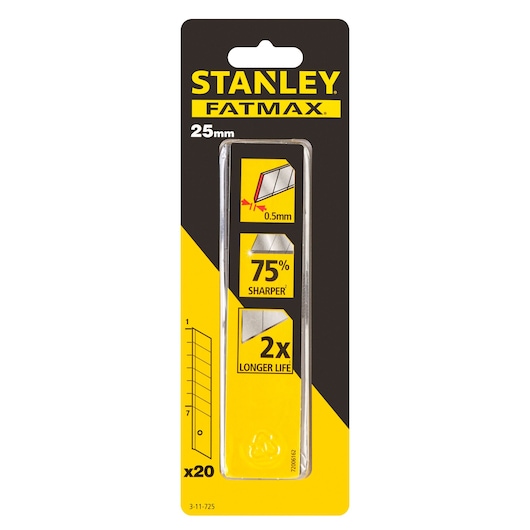 STANLEY FATMAX 25mm snap-off blades x20 pack, SKU 3-11-725, front angle on white background.