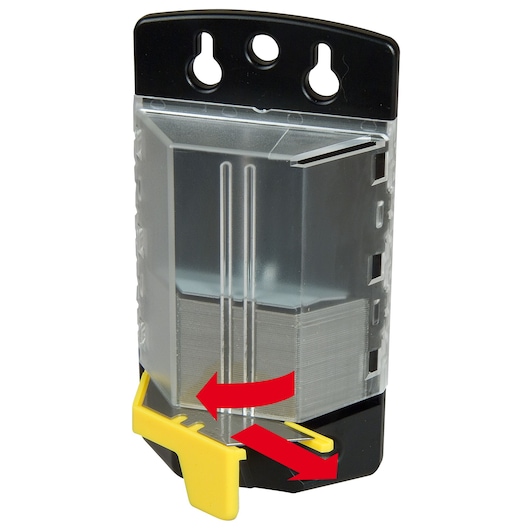 STANLEY 4-11-700 blade dispenser, transparent case with yellow slider, front angle, red arrows showing blade direction.