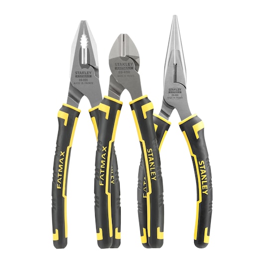 Set of three STANLEY FatMax pliers with black and yellow handles, suitable for gripping, cutting, and bending.
