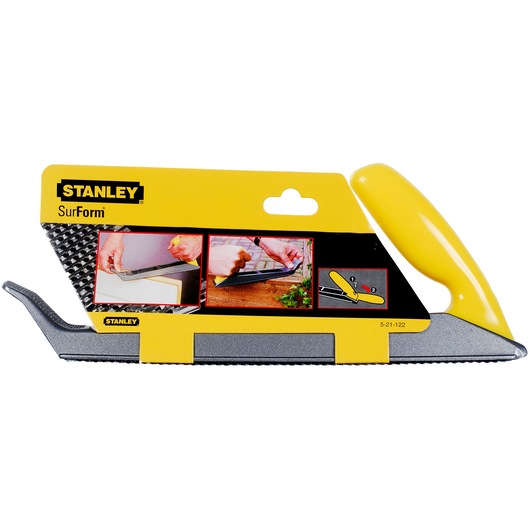 STANLEY 5-21-122 SurForm hand rasp with yellow handle, packaged, side view on white background.
