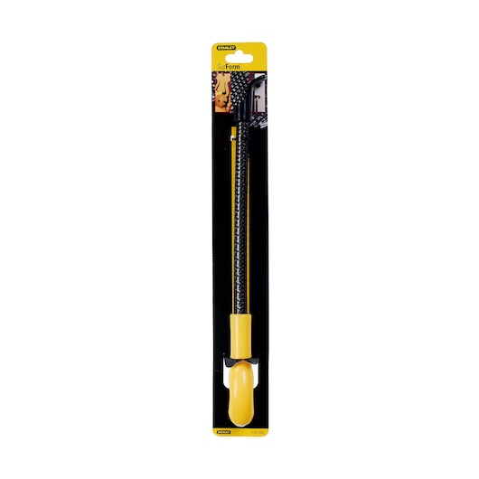 Stanley 5-21-297 photography of yellow Surform file tool with ergonomic handle, front packaging view.