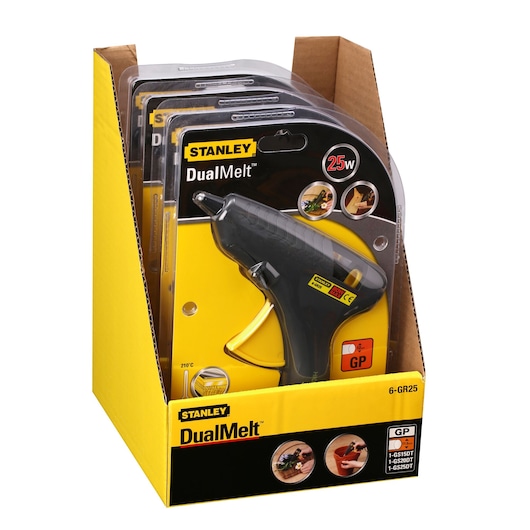 STANLEY 6-GR25 DualMelt glue guns photography, front angle, packaged in yellow display box.