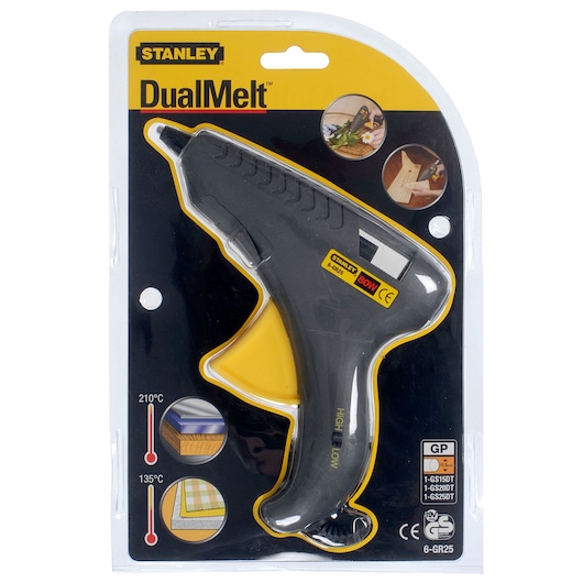 STANLEY 6-GR25 photography of DualMelt glue gun in retail packaging, front angle, black and yellow design.