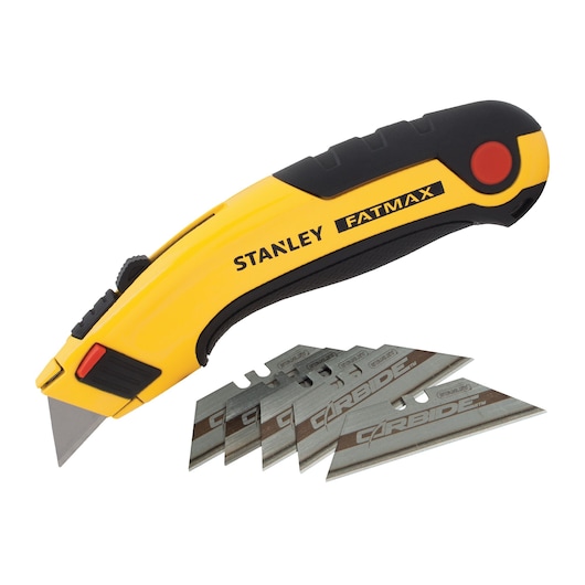 Photo of STANLEY 7-10-778 utility knife with yellow and black handle, shown with five replacement blades, side angle.