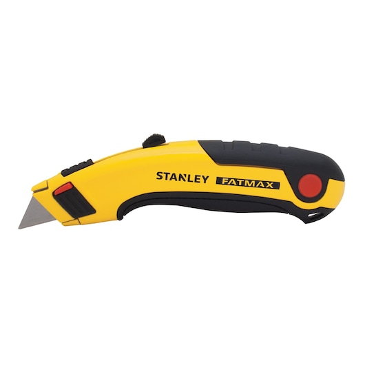 Stanley Fatmax yellow and black utility knife with retractable blade and ergonomic grip.