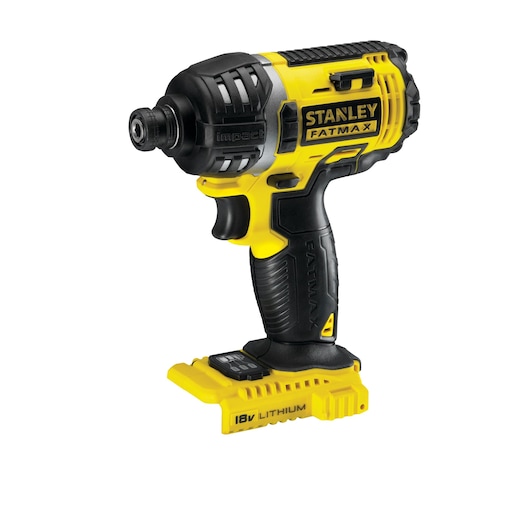 Photo of STANLEY FMC645B cordless impact driver, yellow and black, right angle, 18V Lithium, power tool category.