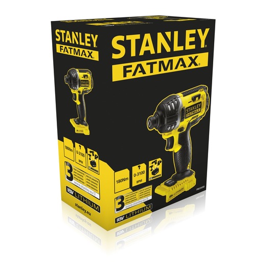 STANLEY FMC645B Fatmax 18V Lithium impact driver box, yellow and black packaging, front angle.