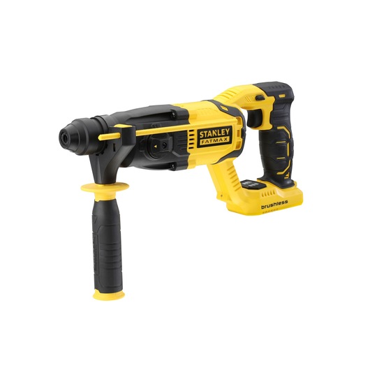 STANLEY FATMAX brushless cordless rotary hammer drill, yellow and black, side handle.