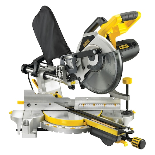 STANLEY FME720 sliding compound miter saw, side angle with yellow and black accents, on white background.