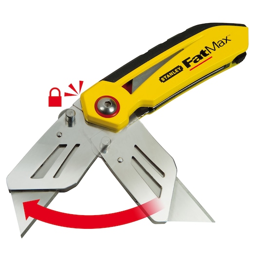 STANLEY FatMax FMHT0-10827 folding utility knife with yellow handle shown in open position, white background.