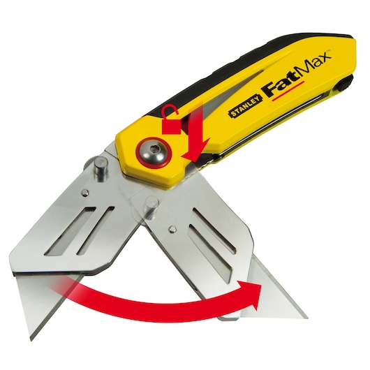 STANLEY FMHT0-10827 utility knife with yellow and black handle, shown open with blade locking feature, side view.