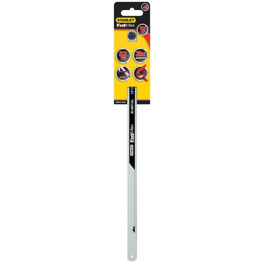 Stanley FMHT0-20196 hacksaw blade, FatMax, 32 TPI, 12 inch, front view, yellow and black packaging.