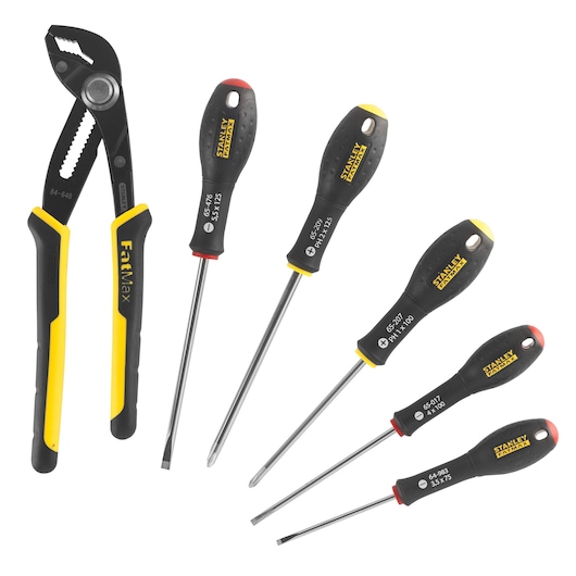 STANLEY FMHT0-62639 hand tool set photography, pliers and five screwdrivers on white background, angled view.