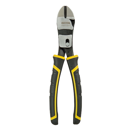 Stanley FMHT0-70814 diagonal cutting pliers with black and yellow handles, shown on a white background.