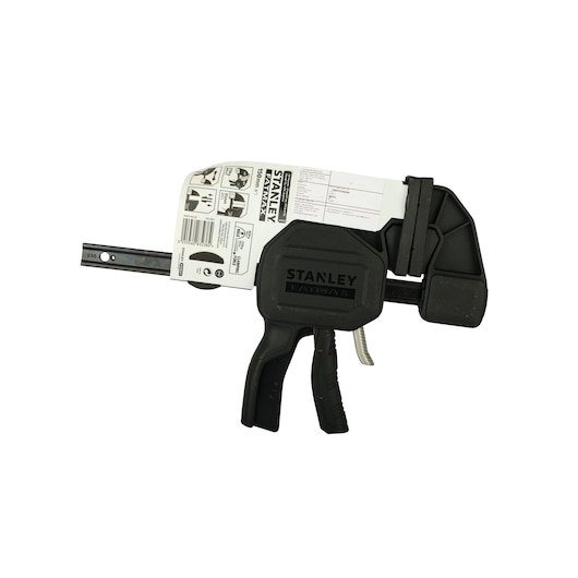 STANLEY FMHT0-83238 clamp with black handle and jaw, side angle on white background.