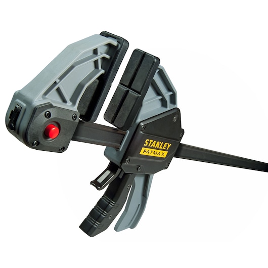 STANLEY FMHT0-83240 bar clamp with trigger handle, gray and black, product side angle on white background.