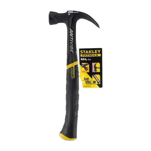 STANLEY FMHT1-51275 claw hammer with black and yellow handle, AntiVibe system, front angle on white background.