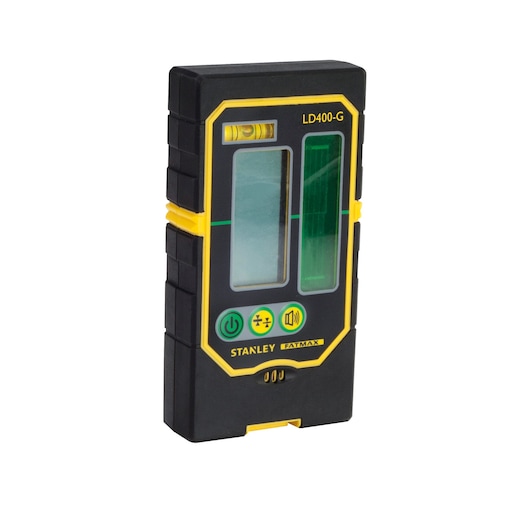 STANLEY FMHT1-74266 laser receiver, black and yellow, front angled view, electronic display and control buttons.