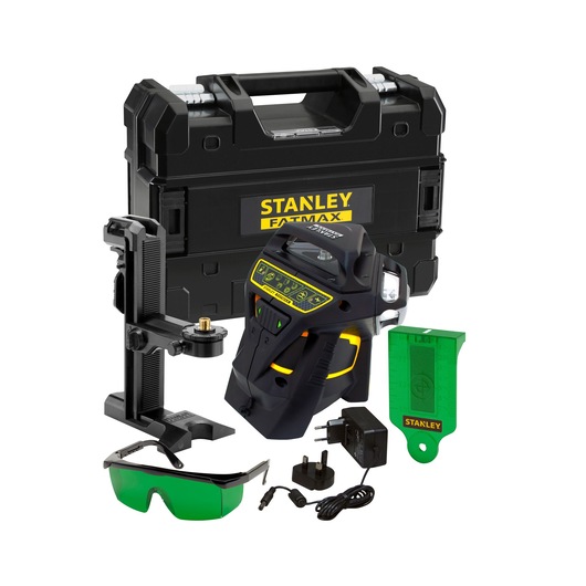 STANLEY FMHT1-77356 green rotary laser level kit with case, mounting bracket, green glasses, charger, and accessories, front view.