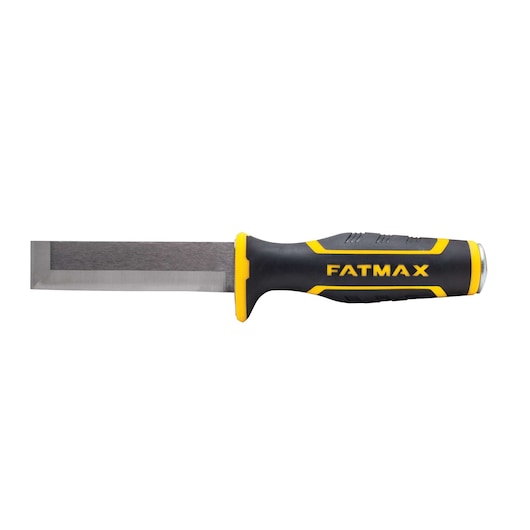 Stanley FATMAX chisel with black and yellow ergonomic handle and straight steel blade, side view on white background