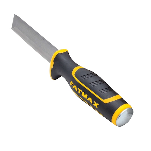 STANLEY FATMAX chisel with black and yellow anti-slip handle, angled view on white background
