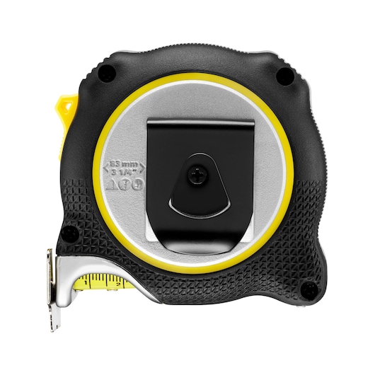STANLEY FMHT38217-0 tape measure with black and yellow case, belt clip, straight back angle, photography.