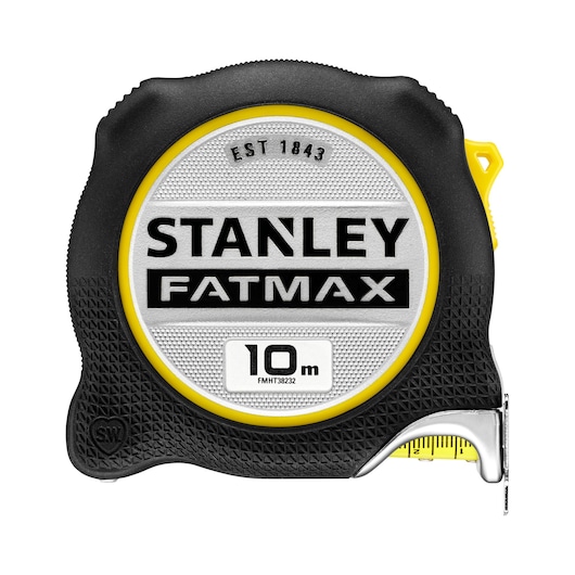 STANLEY FMHT38232-0 tape measure, FATMAX series, 10m length, black and yellow, front angle, photography.