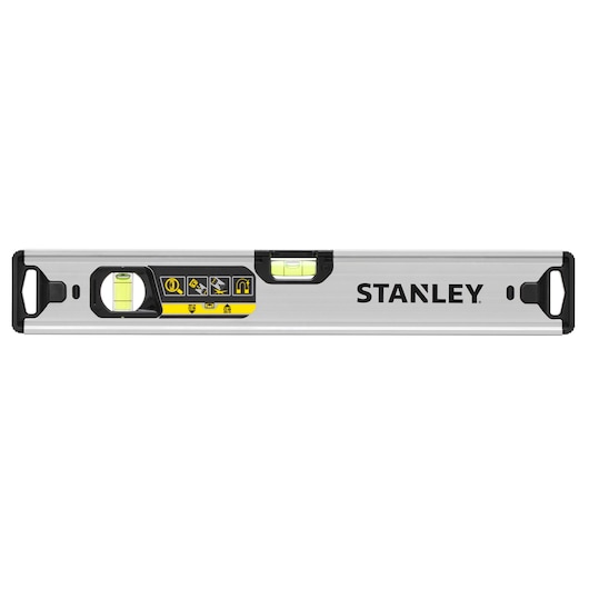 STANLEY FMHT43671-1 box level with aluminum body, three vials, and black end caps, front angle on white background.