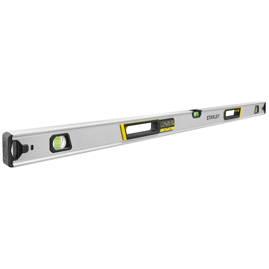 STANLEY FMHT43677 spirit level, aluminum body with yellow accents, side angle on white background.