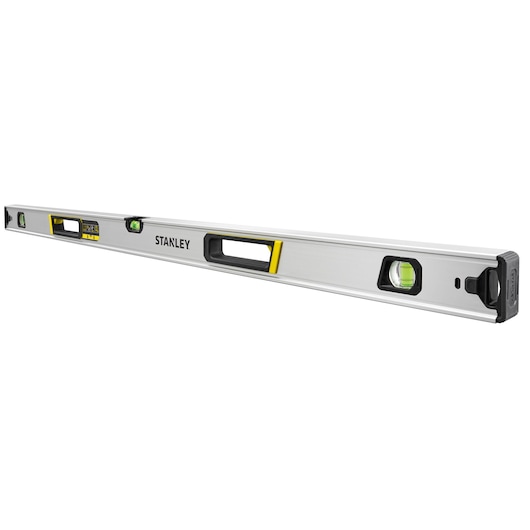STANLEY FMHT43677 aluminum spirit level with multiple vials, silver body, left angled on white background.