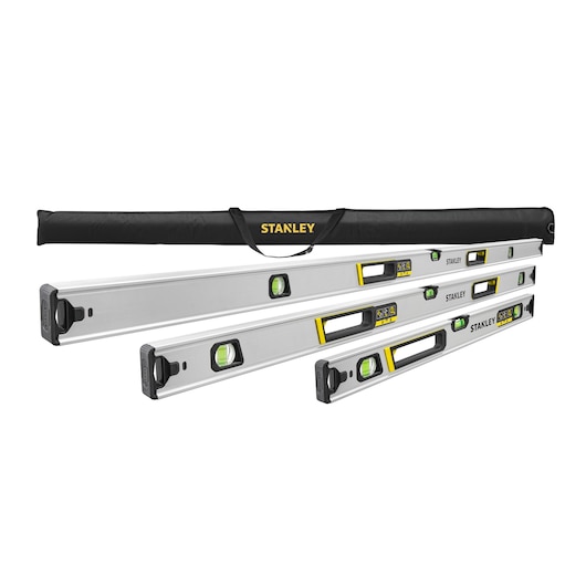 STANLEY FMHT43682-1 spirit level set with three aluminum levels and branded carrying case, front angle.