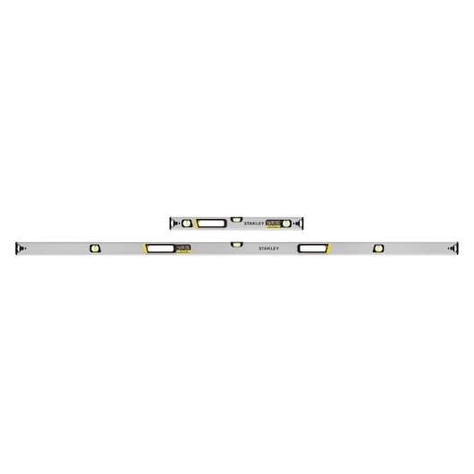 STANLEY FMHT43684-1 spirit level set, silver with black and yellow accents, front angle on white background.