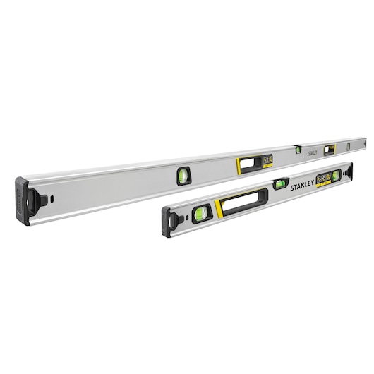 Photo of two STANLEY FMHT43684-1 box beam spirit levels, silver with black and yellow accents, angled on white background.