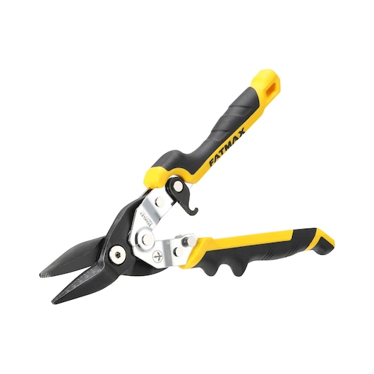 Stanley FatMax aviation snips with black and yellow ergonomic handles, designed for cutting metal sheets.