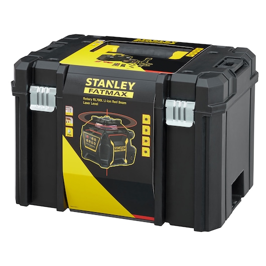 STANLEY FMHT77447-1 photography of black and yellow FATMAX tool storage box, front angle view.
